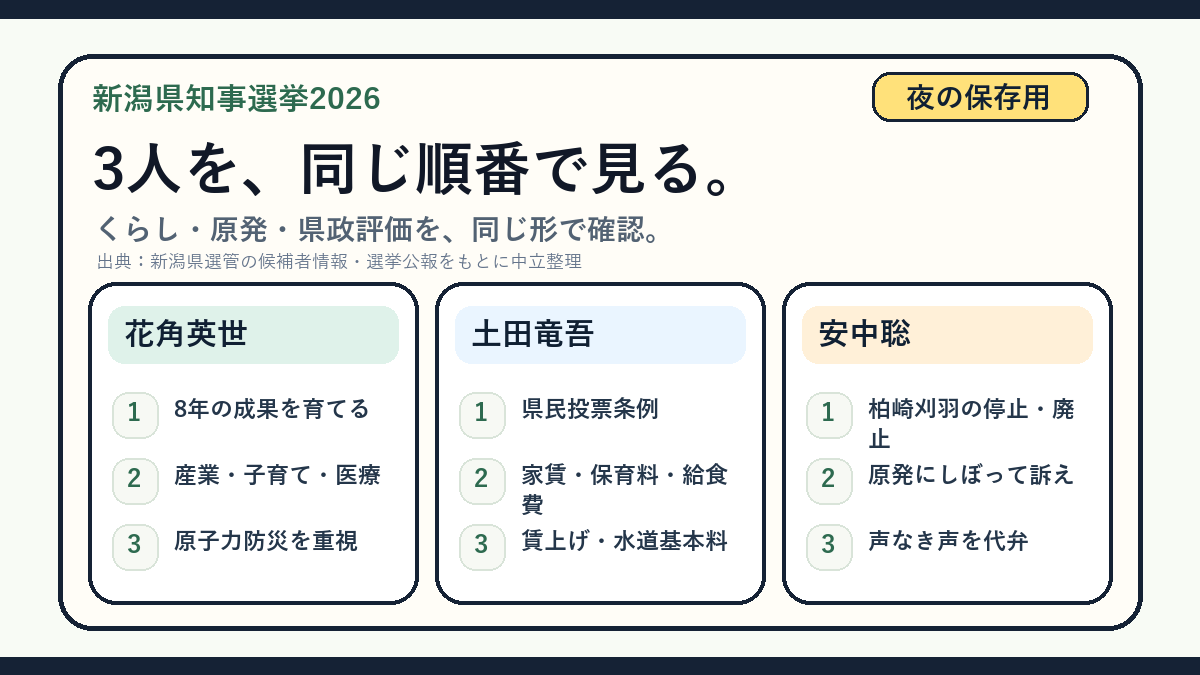 新潟県知事選挙2026 夜の保存用3候補比較の投稿画像