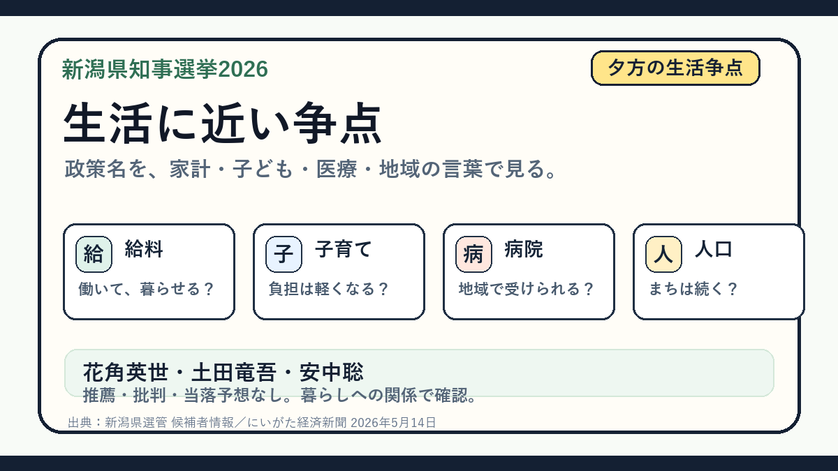 新潟県知事選挙2026 夕方の生活争点｜給料・子育て・病院・人口減少の投稿画像