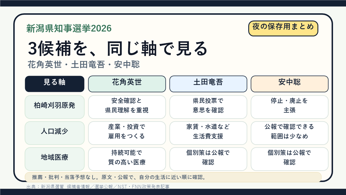 新潟県知事選挙2026 夜の候補者比較｜原発・人口減少・地域医療の投稿画像