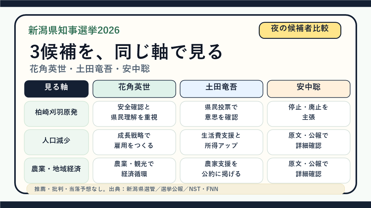 新潟県知事選挙2026 夜の候補者比較｜原発・人口減少・農業の投稿画像